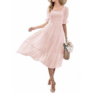 Women's Pink Puff Sleeve Boho Midi Dress Swiss Dot Ruffle‎ Tie Back Size Small